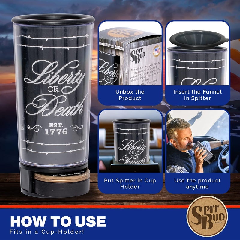 Spit Bud Liberty or Death #1 The Ultimate Spittoon for Chew - Portable Dip & Snuff Cup with Lid, Pop Tab, Spill-Proof Funnel, Can Cutter & Holder - Fit in Cup Holders - Holds 8oz - Made in USA - Image 4